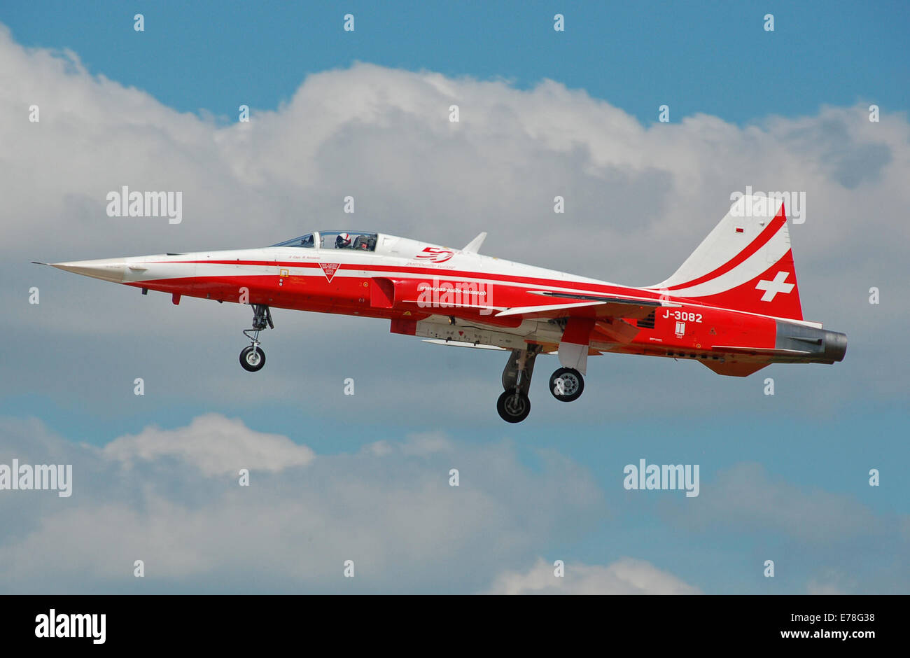 Der Northrop F-5E Tiger II (J-3082) des Kunstflugteams Patrouille Suisse kommt beim Royal International Air Tattoo 2014 an. Die Markierung „50“ des Flugzeugs feiert das 50-jährige Bestehen des Teams. Stockfoto