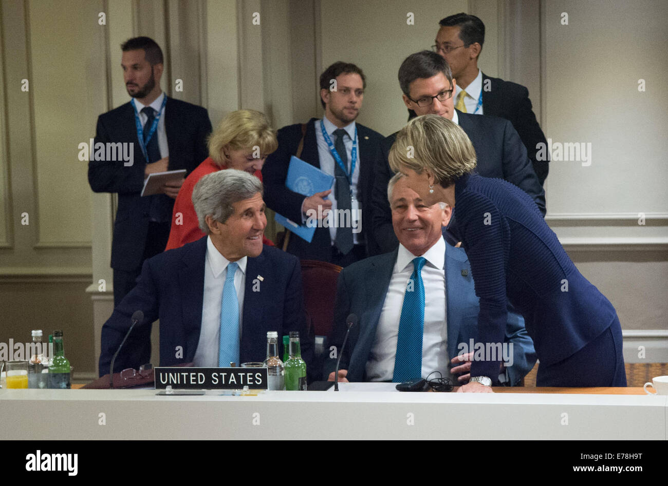 Sekretärinnen Kerry, Hagel Chat mit australischer Außenminister Bischof vor ISIL treffen beim NATO-Gipfel in Wales-US-Außenministerin Stockfoto
