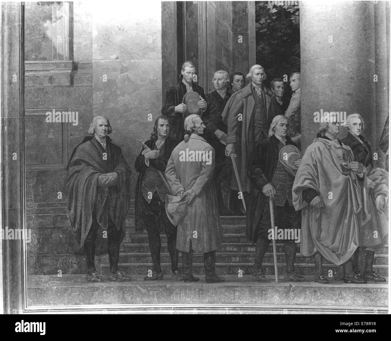 Dieses Foto zeigt den linken Teil des Wandbildes „The Declaration“, das sich im National Archives in Washington befindet. Es stellt ein historisches Kunstwerk dar, das die Unabhängigkeitserklärung und verwandte Themen darstellt. Stockfoto