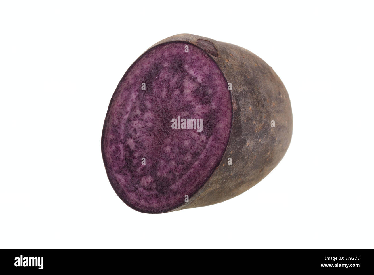 Kartoffel, Sorte Violetta, in zwei Hälften geschnitten Stockfoto