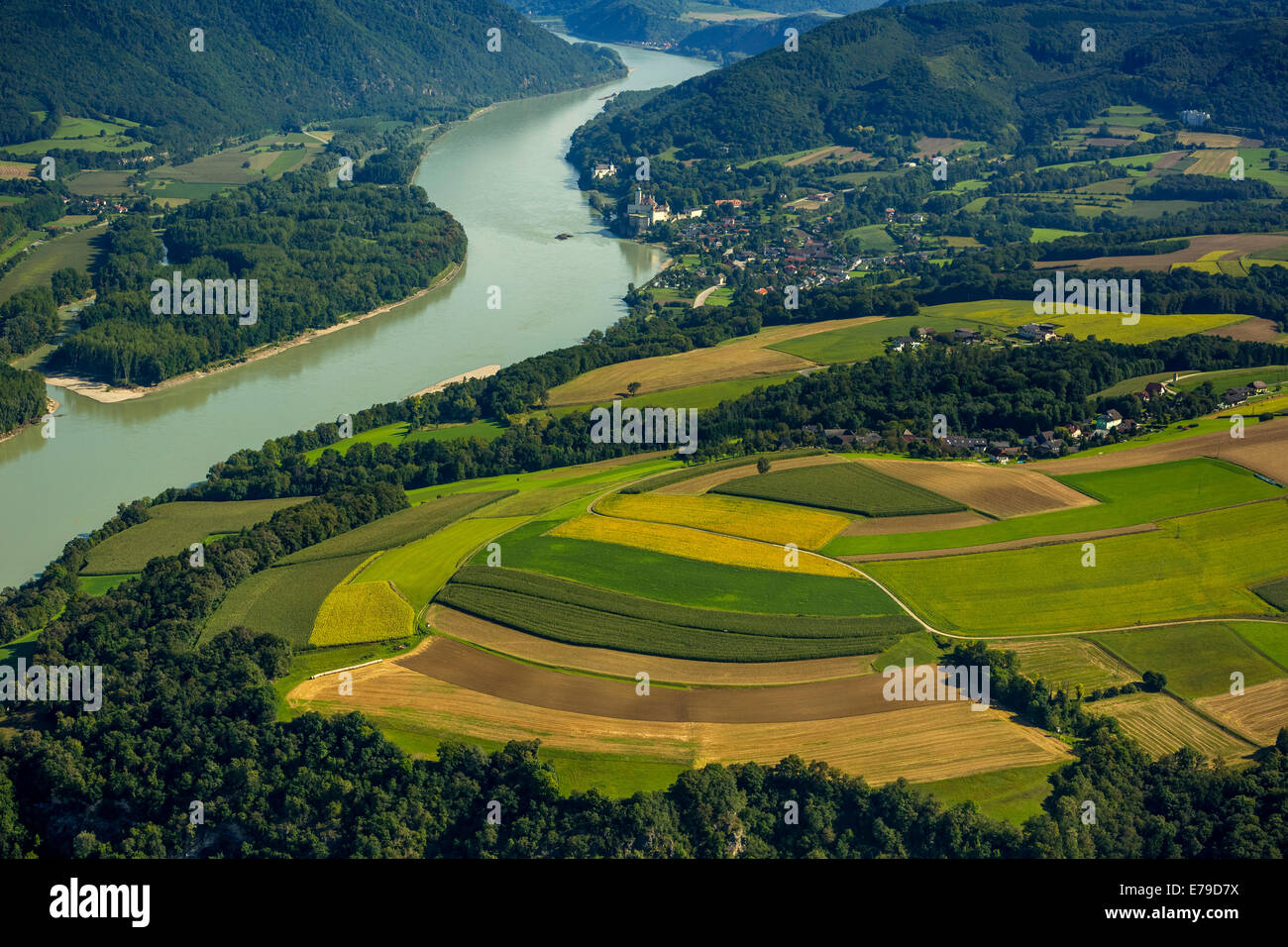 Luftaufnahme, Wachau mit Servite Kloster Schloss Schönbühel Burg auf der Donau, Schönbühel-Aggsbach, Niederösterreich Stockfoto