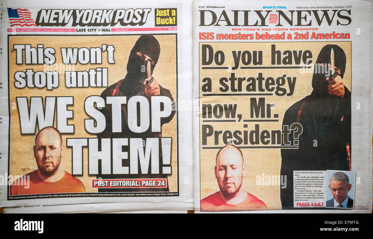 Die New York Daily News und die New York Post-Berichterstattung über die Enthauptung des amerikanischen Journalisten Steven Sotloff entführt Stockfoto