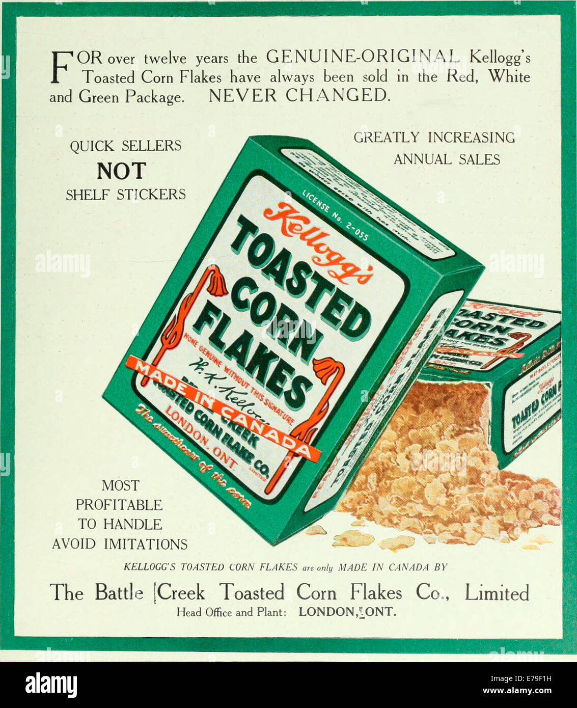 Archival kanadischen Werbung für Kellogg's Toasted Corn Flakes circa 1919. Stockfoto