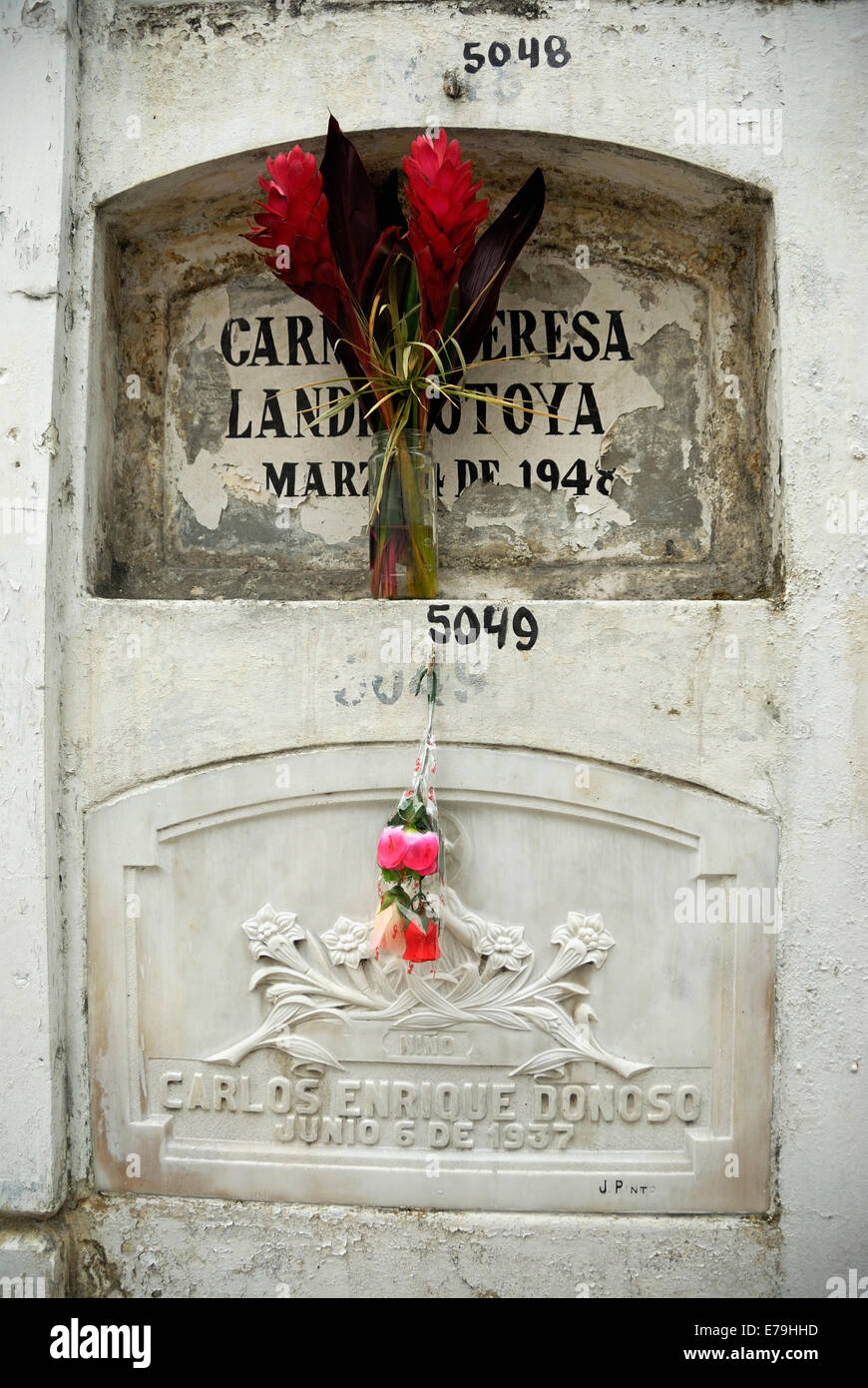 Grabstein im Friedhof La Ciudad Blanca oder weiße Stadt Friedhof, Guayaquil, Ecuador, Südamerika Stockfoto