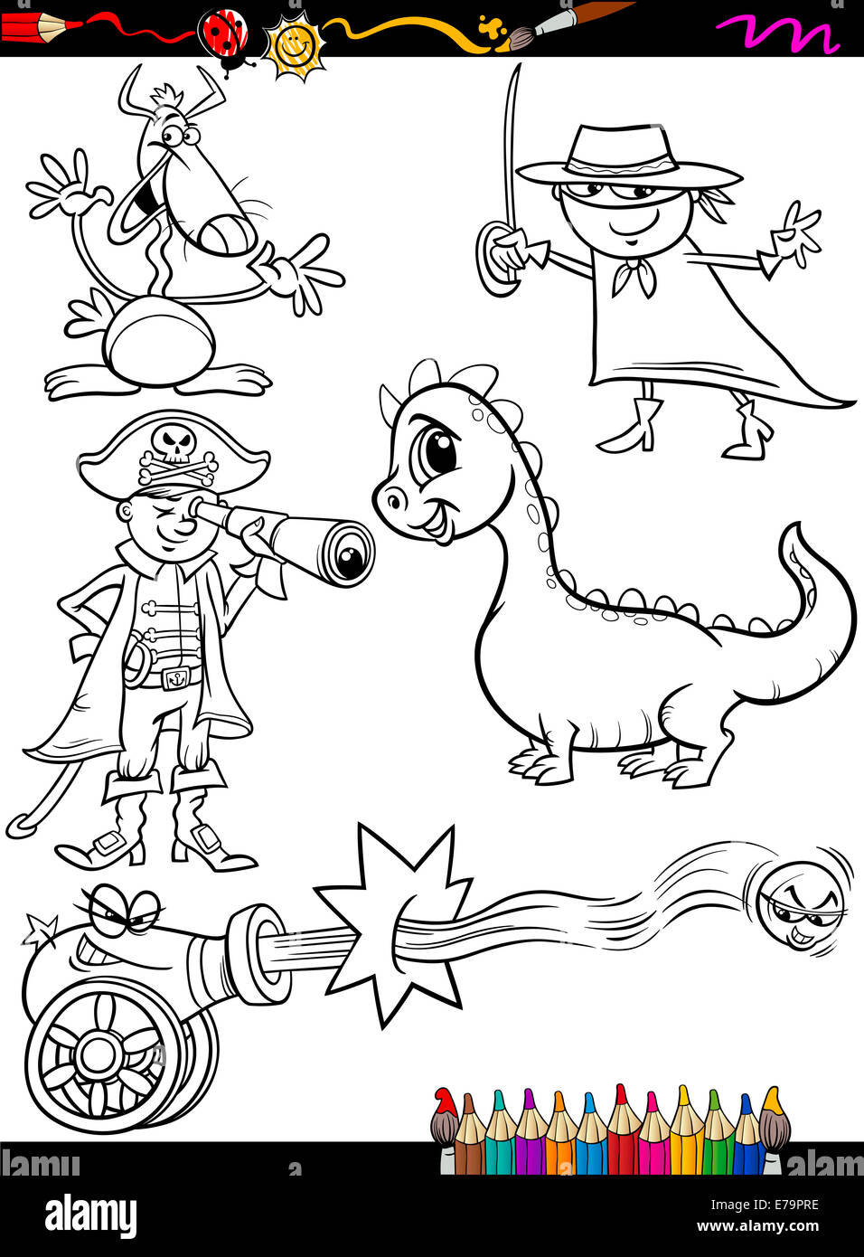 Malbuch oder Seite Cartoon Illustration von Schwarz und weiß-lustige Fantasy-Charaktere Set für Kinder Stockfoto