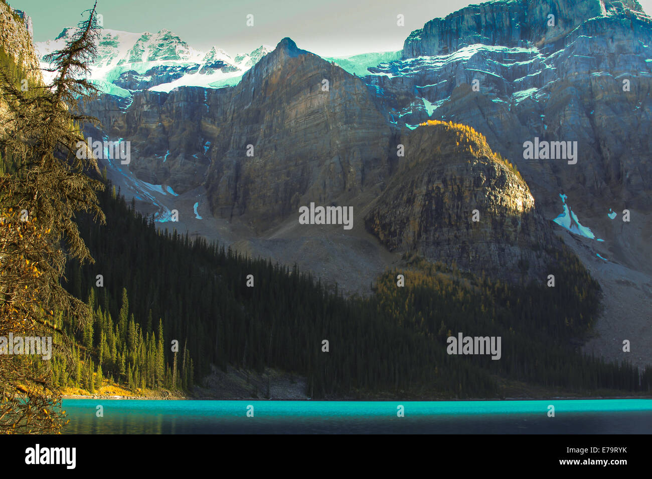 Berge mit türkisfarbenen See - Rocky Mountains am Lake Louise, Alberta, Kanada Stockfoto