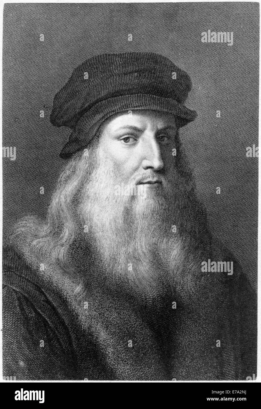 Leonardo da Vinci (1452-1519), italienischer Maler, Bildhauer, Architekt, Ingenieur & Wissenschaftler, Portrait, Gravur Stockfoto