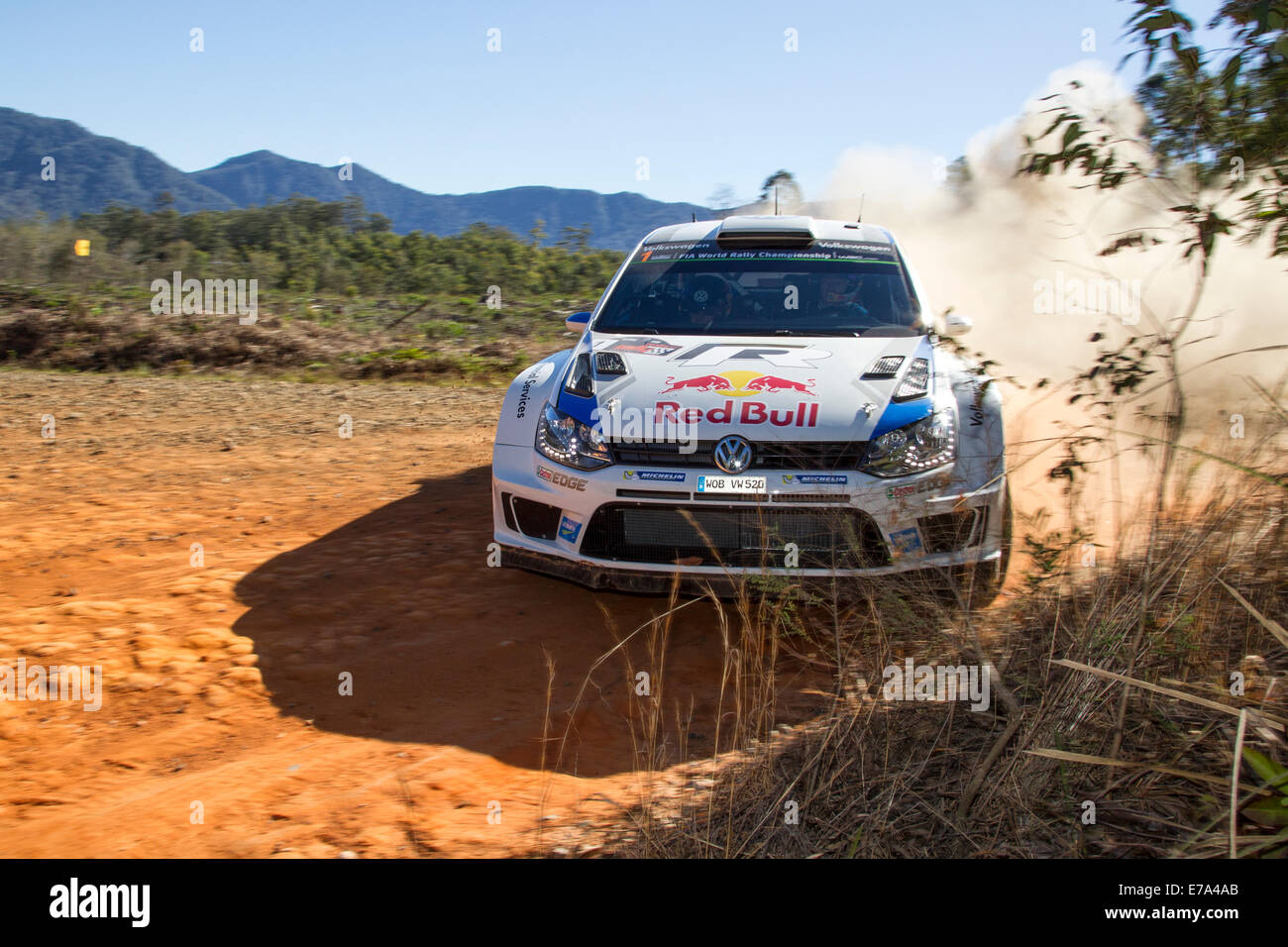 Coffs Harbour, Australien, Donnerstag, 11. September 2014. Rallye-WM Punkte Leader Sebastien Ogier seine endgültige Shakedown Training in Vorbereitung auf den Start der Rallye Australien abgeschlossen ist. Ogier, die Treiber für das Volkswagen Motorsport World Rally Team, wird auf um seinen früheren enttäuschenden Auftritten in Australien zu verbessern. Bildnachweis: Russell Hunter/Alamy Live-Nachrichten Stockfoto