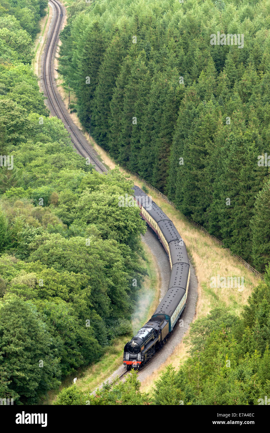 Ein Dampfzug schlängelt sich über Levisham Moor an der Bahnlinie von North Yorkshire Dampf Stockfoto