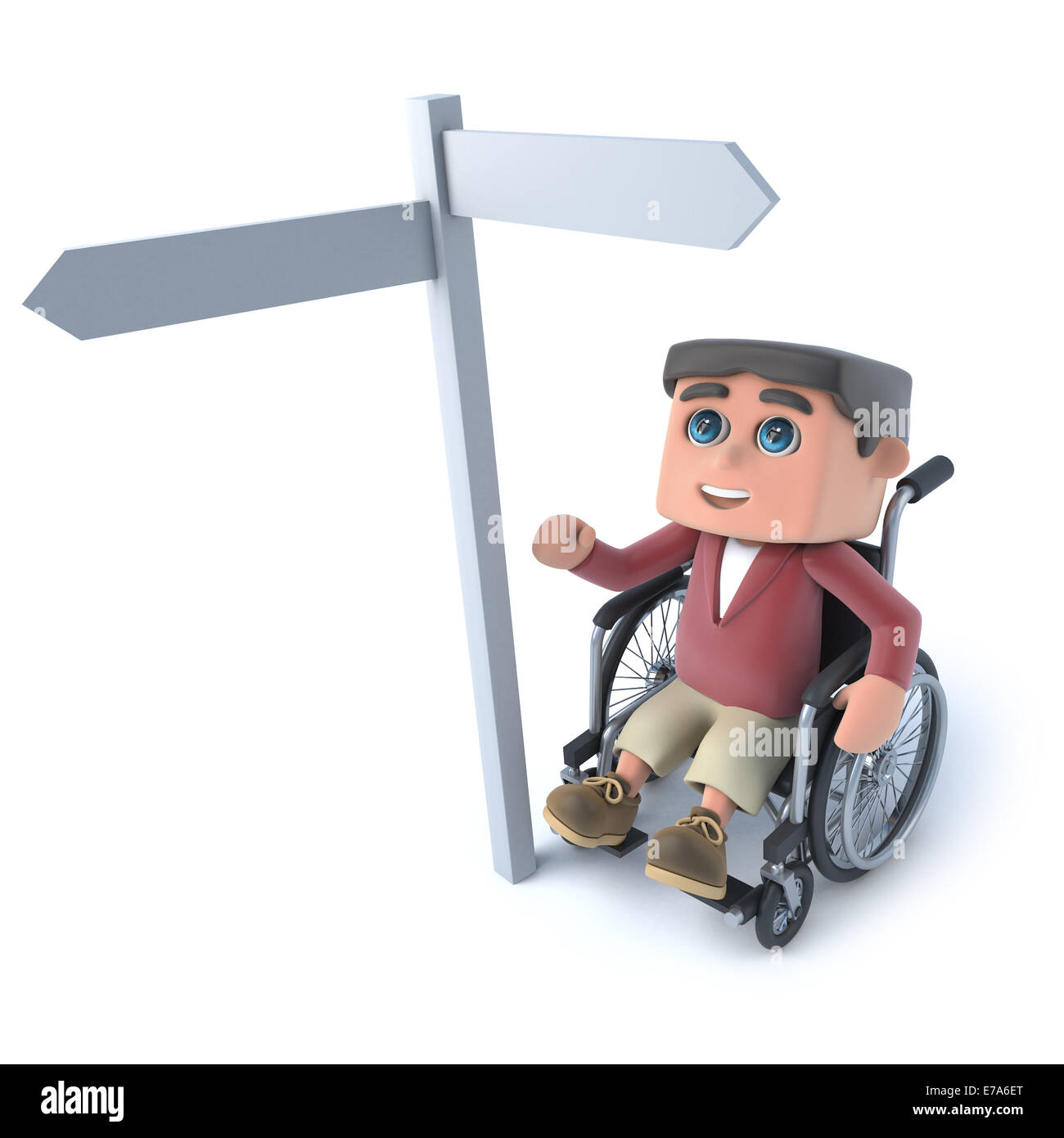 3D Rendering eines jungen im Rollstuhl Blick auf leere roadsign Stockfoto