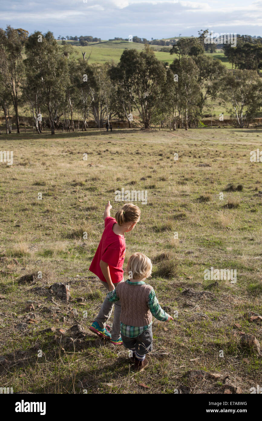 Ein Mädchen Hand in Hand mit einem kleinen Jungen und Wandern in der Natur Stockfoto