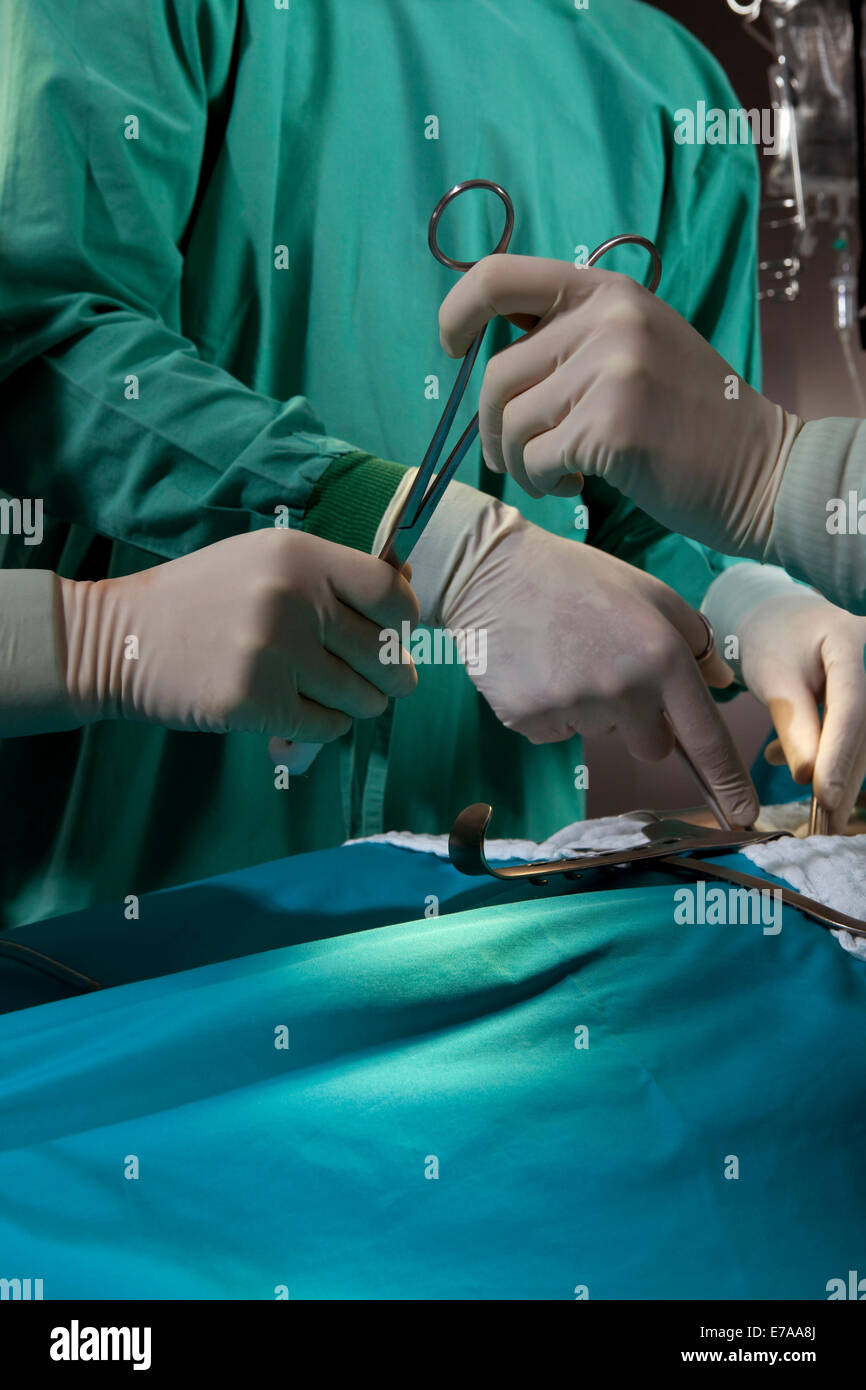 Ärzte und Krankenschwestern, die auf einen Patienten in einem OP-Saal, Detail der Hände Stockfoto