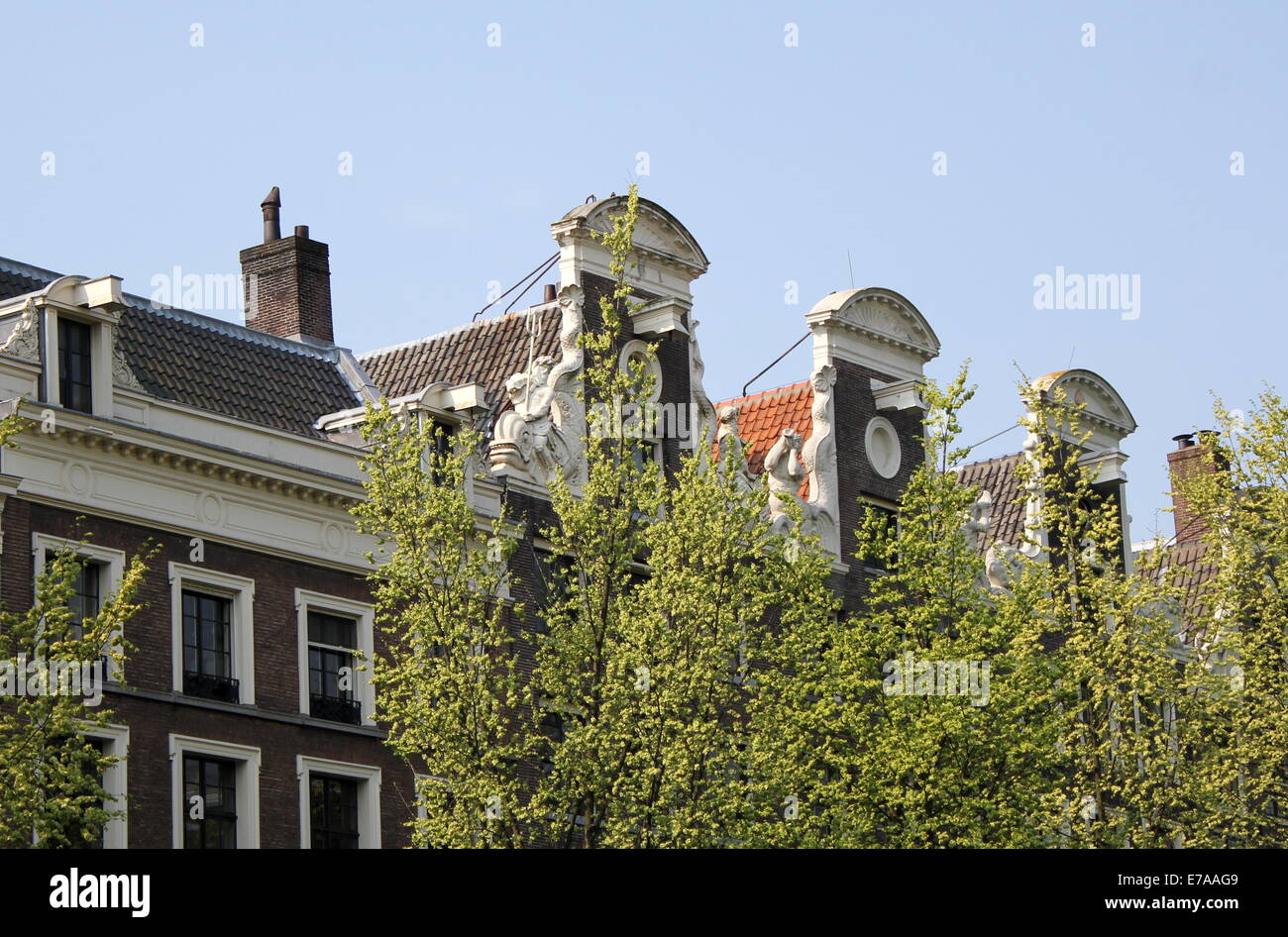Frühling-Bäume und traditionelle Amsterdam verzierte Giebel am Heerengracht Kanal Stockfoto