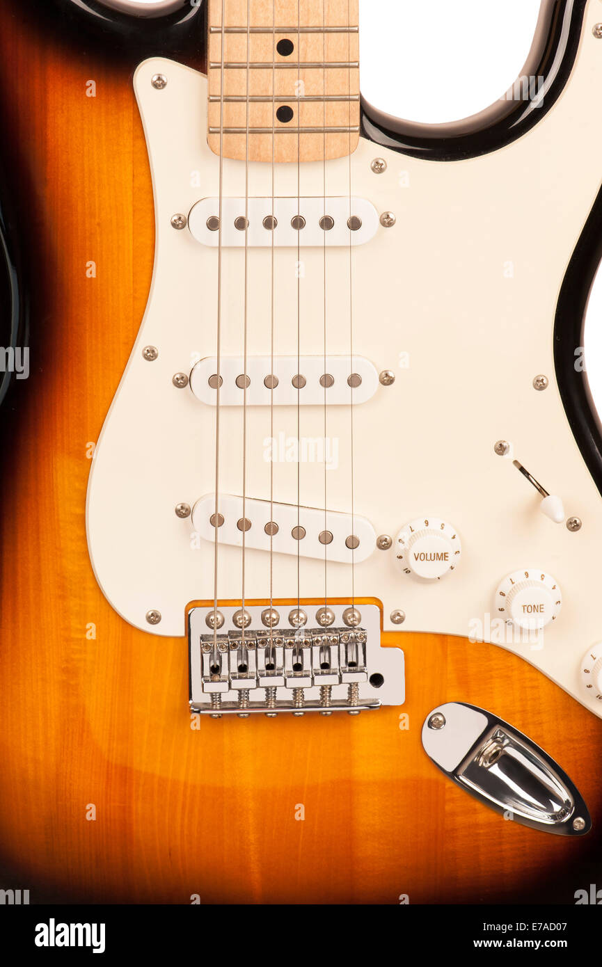 6-saitige e-Gitarre, die isoliert auf weißem Hintergrund closeup Stockfoto