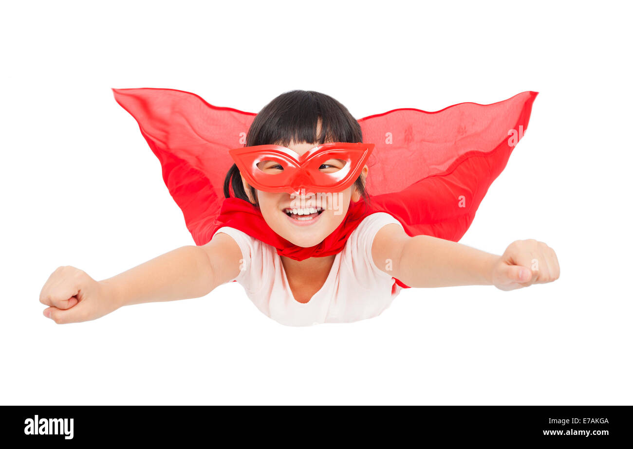 Superheld Kind fliegen isolierten auf weißen Hintergrund Stockfoto