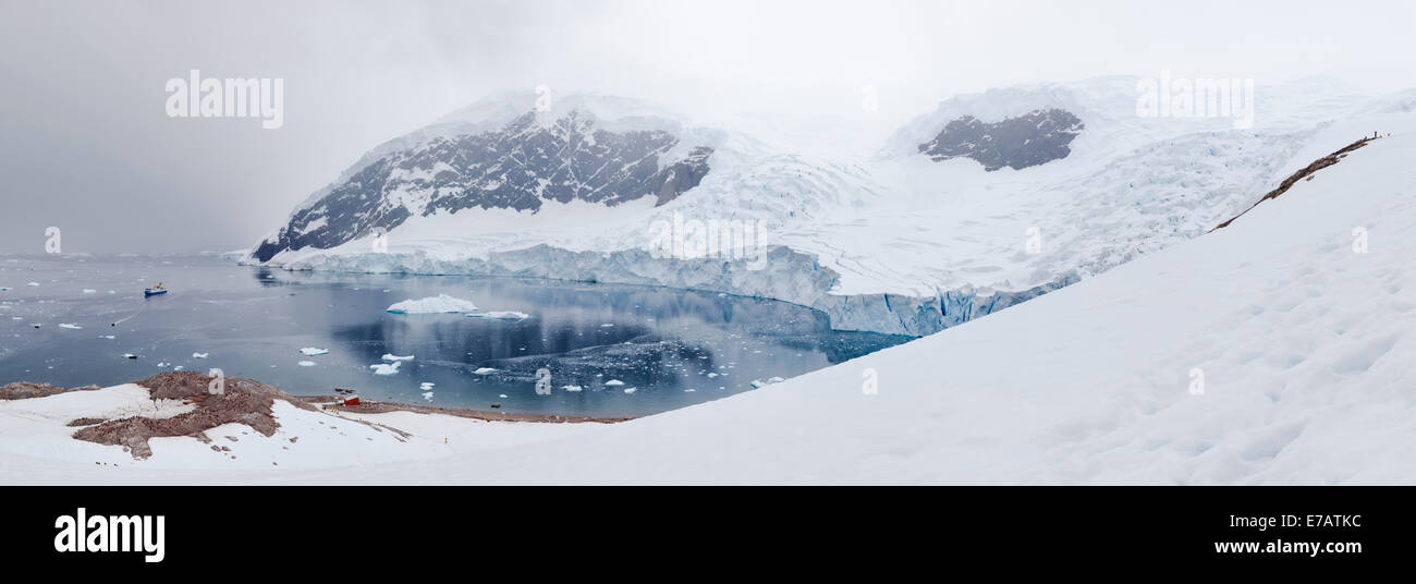 Pinguin-Kolonie, Gletscher und eine Kreuzfahrt Schiff am Hafen von Neko, Antarktis Stockfoto