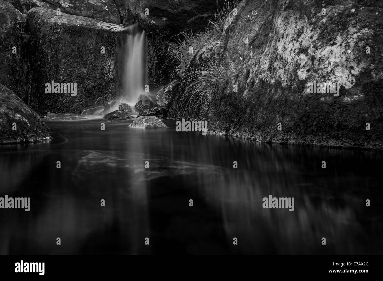 Ruhiger Bach mit Langzeitbelichtung & Polfilter, UK Stockfoto