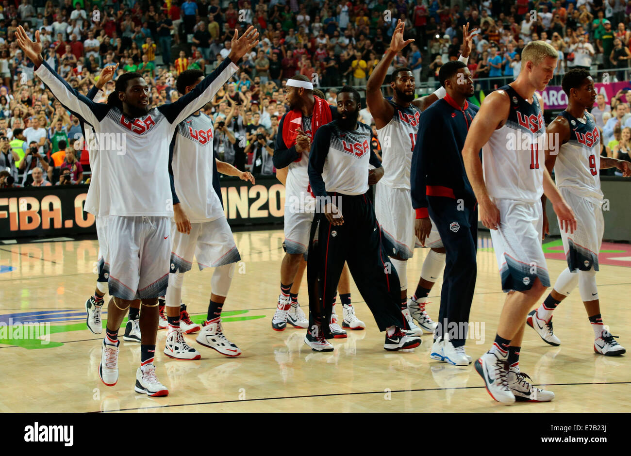 Barcelona, Spanien. 11. September 2014.  Spieler der Vereinigten Staaten feiern nach dem Halbfinalspiel mit Litauen bei der 2014-FIBA Basketball WM Spanien in Barcelona 11. September 2014. Die Vereinigten Staaten gewann 96-68. Bildnachweis: Pau Barrena/Xinhua/Alamy Live-Nachrichten Stockfoto