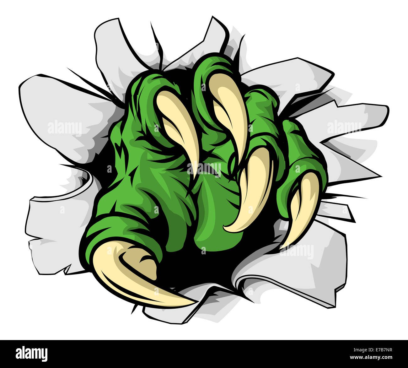 Ein Beispiel für ein grünes Monster Klaue Rippen oder durch ein Loch reißen Stockfoto