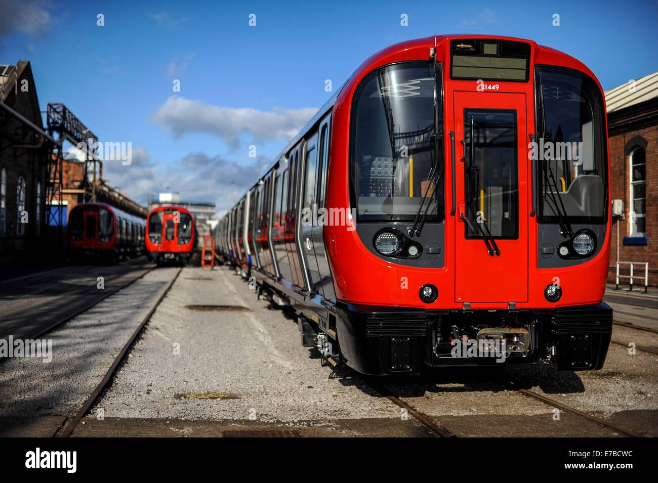 Eine montierte der London Underground ist bei Bombardier Bauhof in Derby, England sehen. Stockfoto