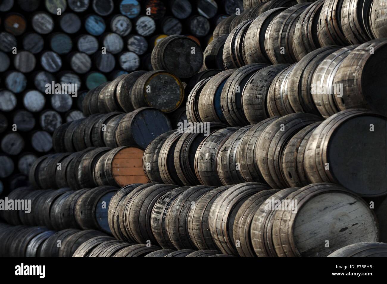 Wird der Whisky-Fässer sind außerhalb bei Speyside Cooperage in Craigellachie, Schottland zu sehen. Stockfoto