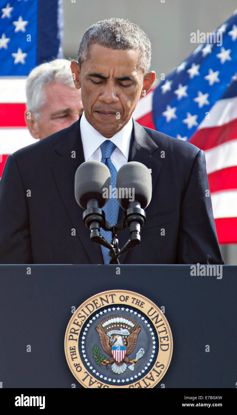 US-Präsident Barack Obama liefert Bemerkungen anlässlich des Jahrestages der Terroranschläge von 9/11 im Pentagon 11. September 2014 in Arlington, Virginia. Stockfoto