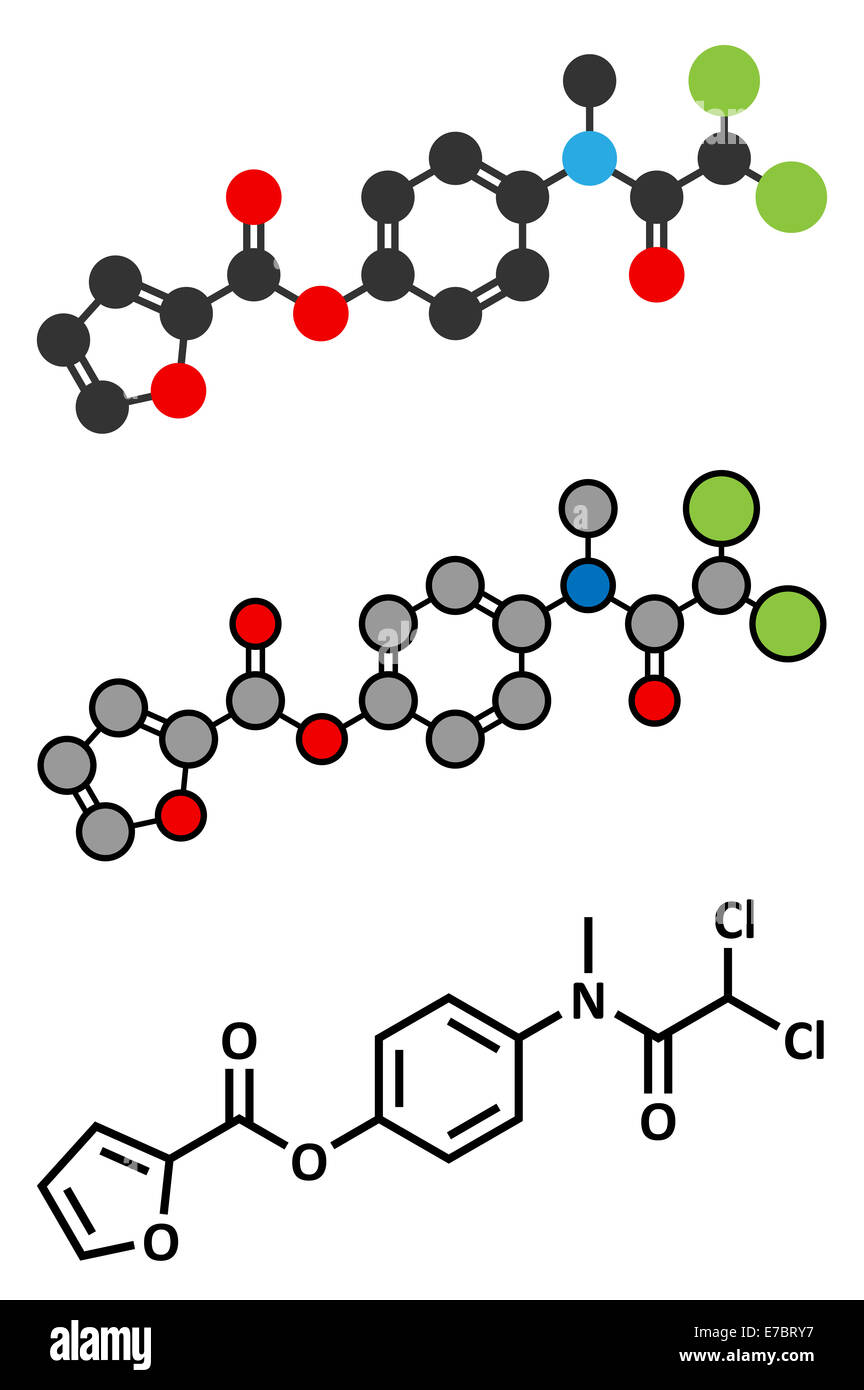 Diloxanide Furoate Amöbiase Wirkstoffmolekül. Bei Behandlung von Entamoeba Histolytica Infektionen verwendet. Konventionelle Skelett formul Stockfoto