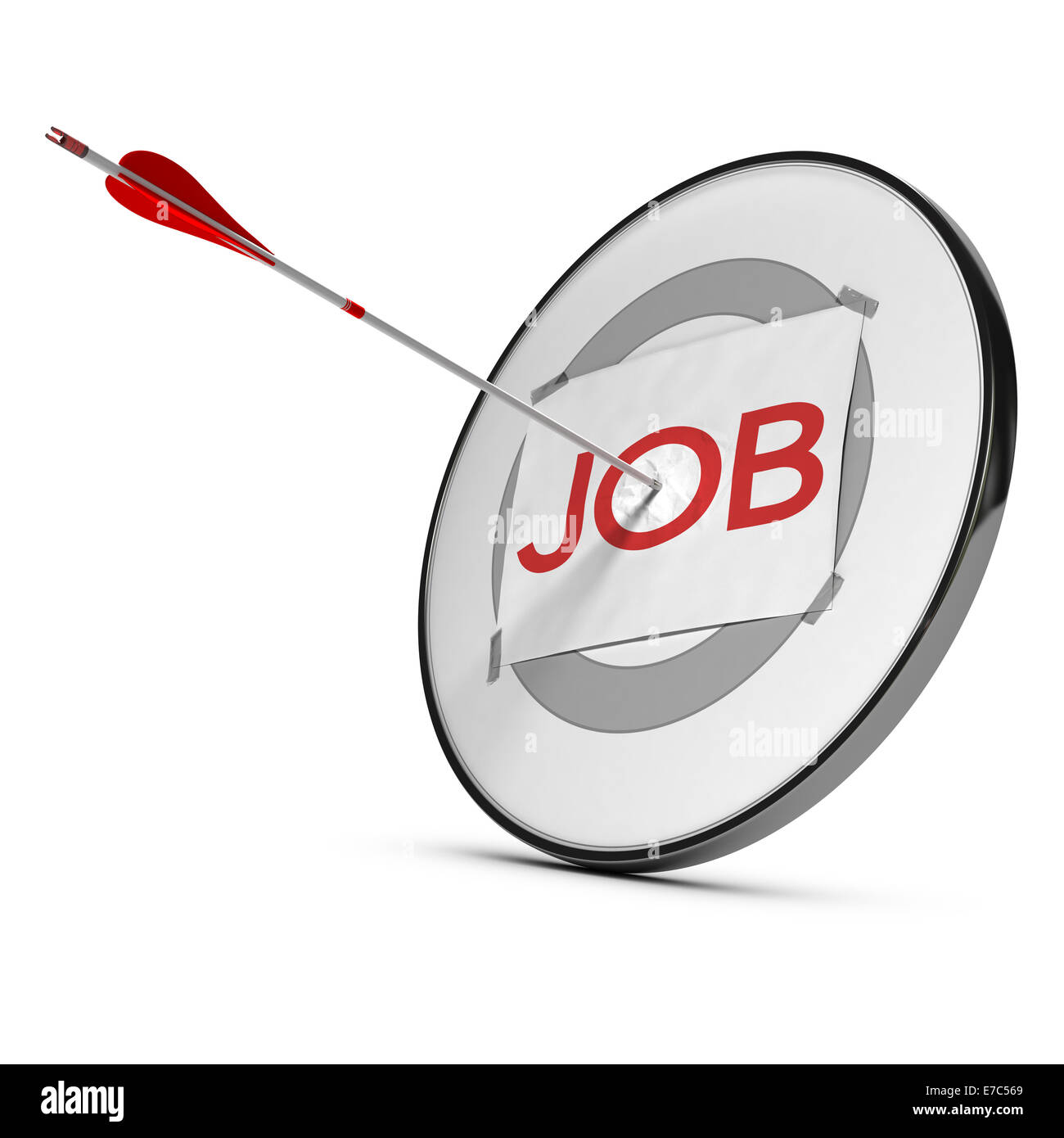 Ziel mit der Wort-Job und ein Pfeil auf die Mitte des Buchstaben o, Rot-Töne und weißem Hintergrund, Konzept-Bild Stockfoto