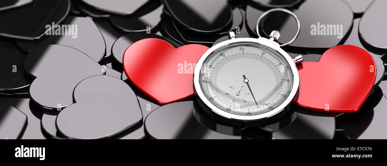 Zwei rote Herzen in der Mitte eine Menge von schwarzen Herzen, plus eine Stoppuhr, Konzept-Bild für online-dating, Konzept-Bild. Stockfoto