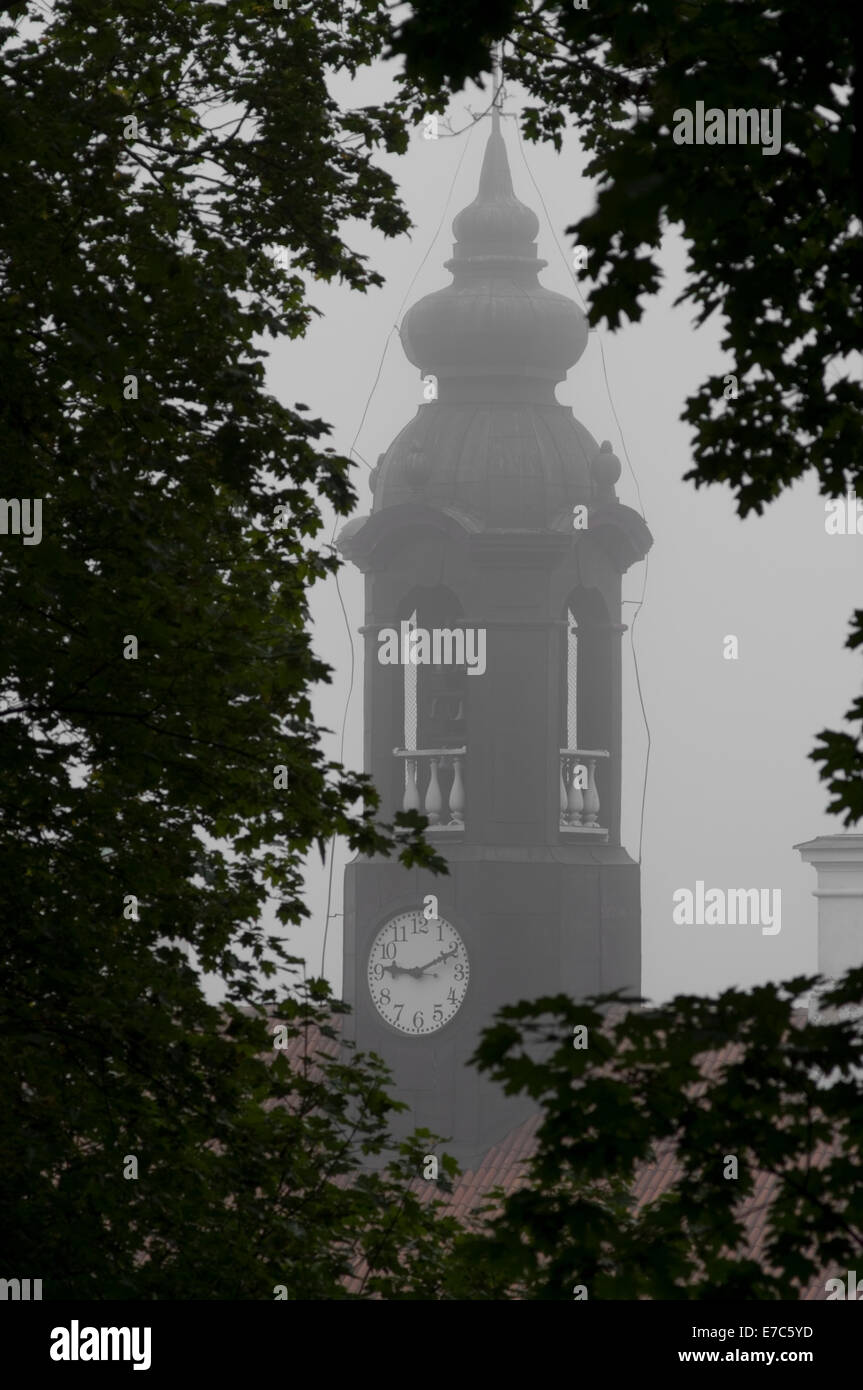 Glockenturm des Rathauses von Tartu am nebligen Morgen gesehen Trog Bäume. Stockfoto
