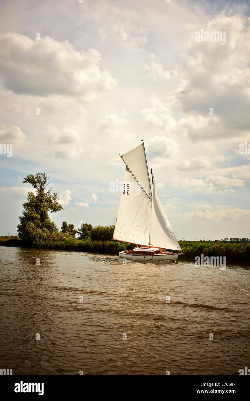 Klassische Gaffel getakelt Norfolk Broads River Cruiser-Yacht mit Topsail am Fluss Bure, Norfolk Broads, Norfolk, England, Vereinigtes Königreich. Stockfoto