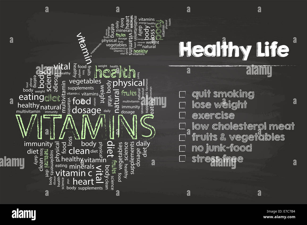Gesundes Leben-Steps-Grafik mit Vitaminen Word Cloud Apple auf grüner Grundplatte Stockfoto