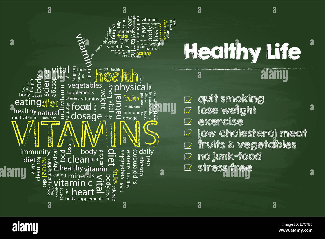 Gesundes Leben-Steps-Grafik mit Vitaminen Word Cloud Apple auf grüner Grundplatte Stockfoto