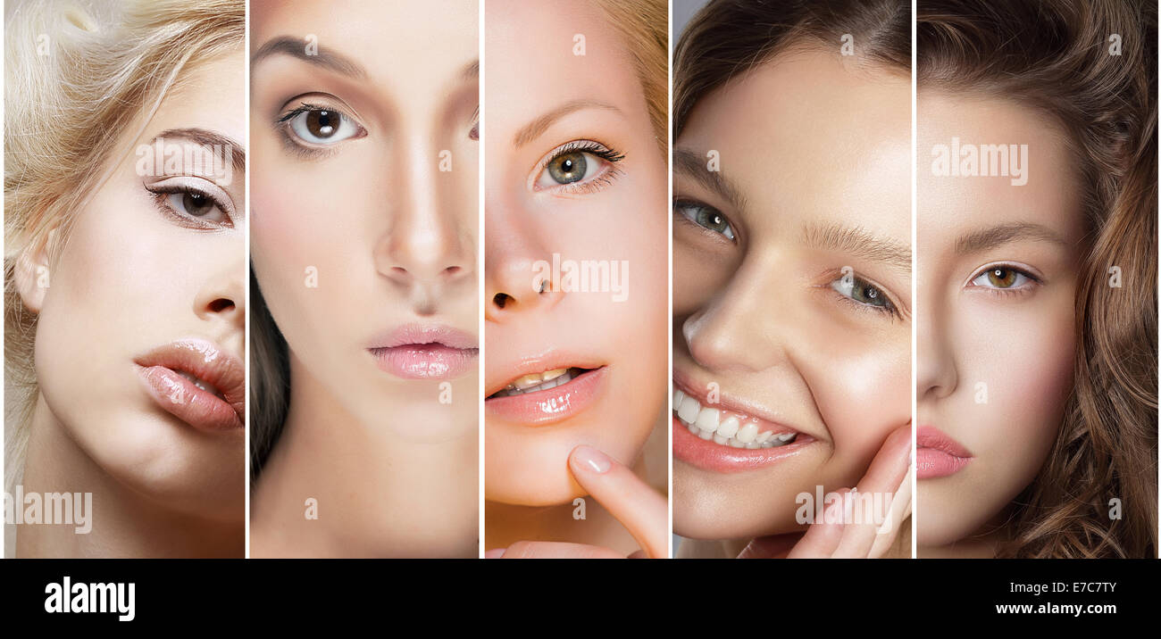 Schönheit-Collage. Frauen Gesichter mit verschiedenen Make-up-Set Stockfoto