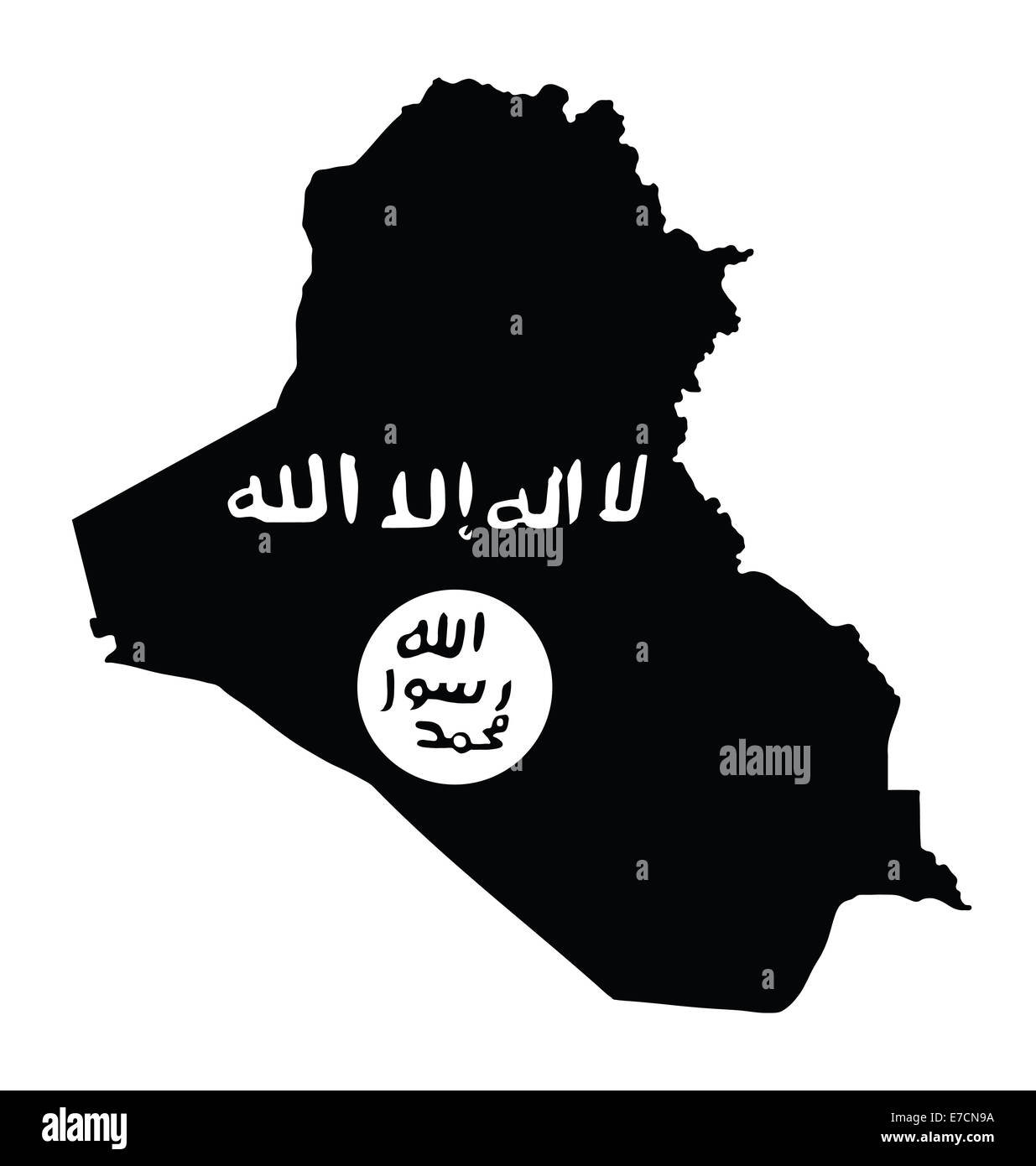 Karte des Irak überlagert die schwarze Flagge der islamischen Staat militanten isoliert auf weißem Hintergrund Stockfoto