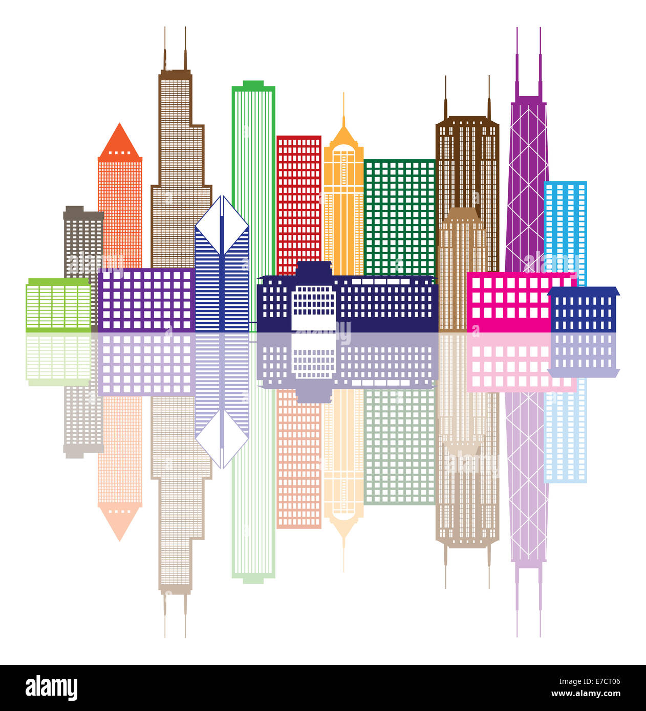 Chicago Skyline Panorama Farbe Kontur Stadtsilhouette mit Reflexion isoliert auf weißem Hintergrund Illustration Stockfoto