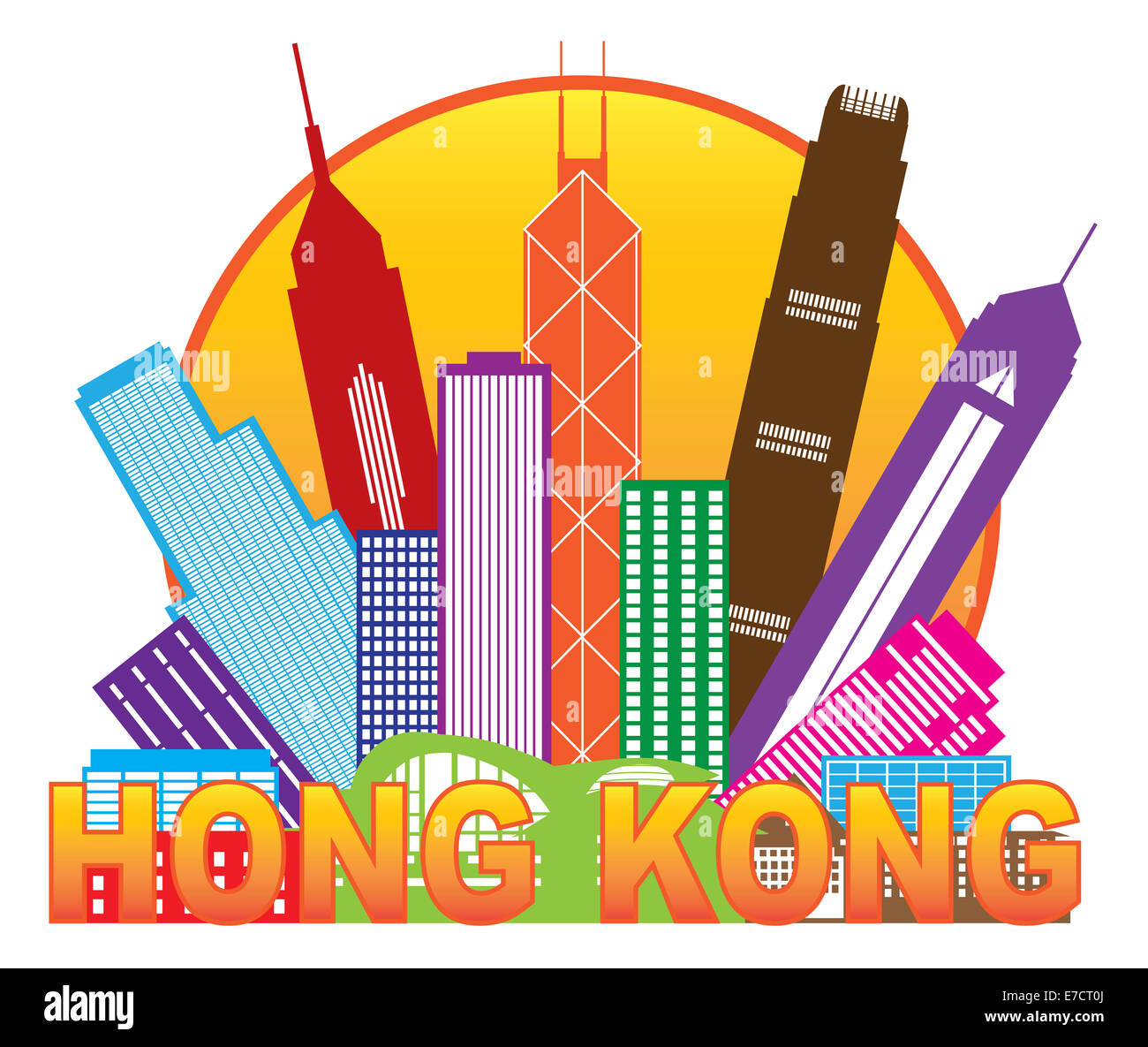 Hong Kong City Skyline in Kreis Farbe Gliederung isoliert auf weißem Hintergrund Illustration Stockfoto