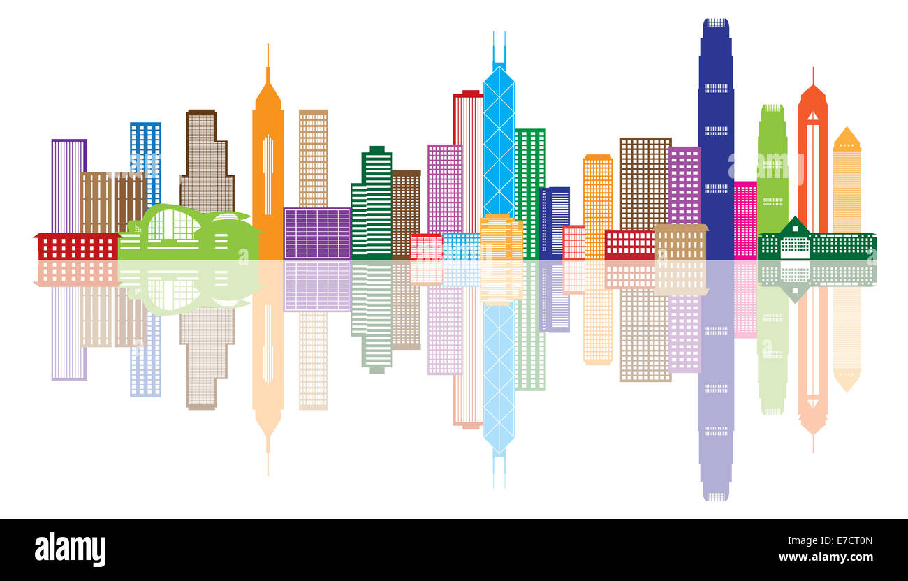 Hong Kong City Skyline Panorama Farbe isoliert auf weißem Hintergrund Illustration Stockfoto