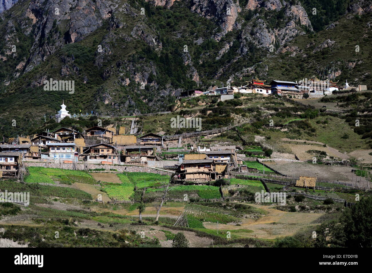 Diebu County. 5. Sep, 2014. Foto aufgenommen am 5. September 2014 zeigt einem tibetischen Dorf in der Zhagana Region in Diebu County der Gannan tibetischen autonomen Präfektur im Nordwesten Chinas Provinz Gansu. Zhagana ist eine bergige Region am nordöstlichen Rand des tibetischen Plateaus, mit einer durchschnittlichen Höhe von 3.500 Metern. Die Region hat eine einzigartige Kultur- und Naturlandschaft mit tibetischen Stil Dörfer, primitiven Wälder und Berge, die während der Quatenary-Eiszeit gebildet. © Zhang Meng/Xinhua/Alamy Live-Nachrichten Stockfoto