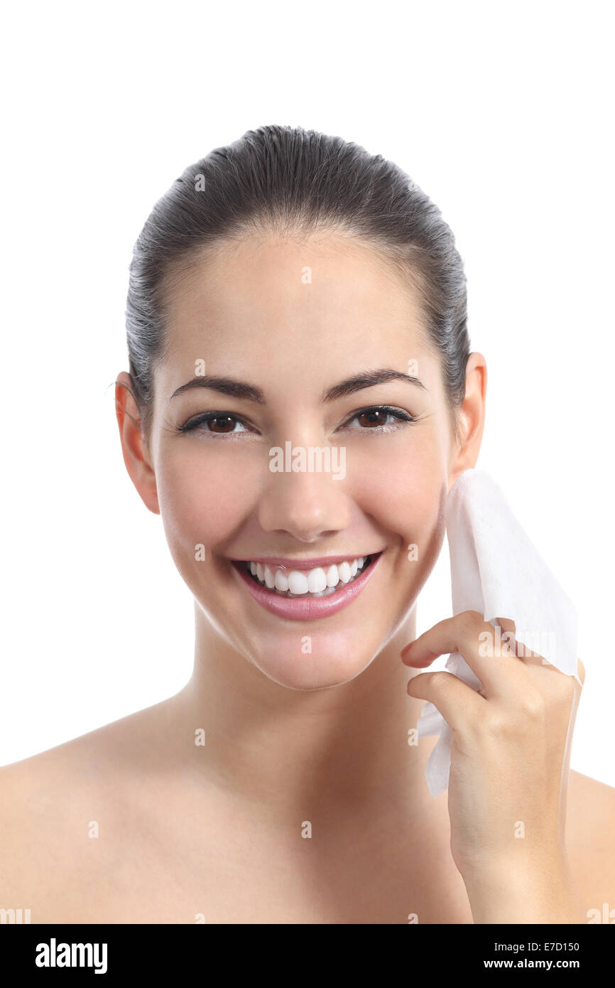 Schöne Frau, die Reinigung des Gesichts mit einem Gesicht abwischen isoliert auf weißem Hintergrund Stockfoto