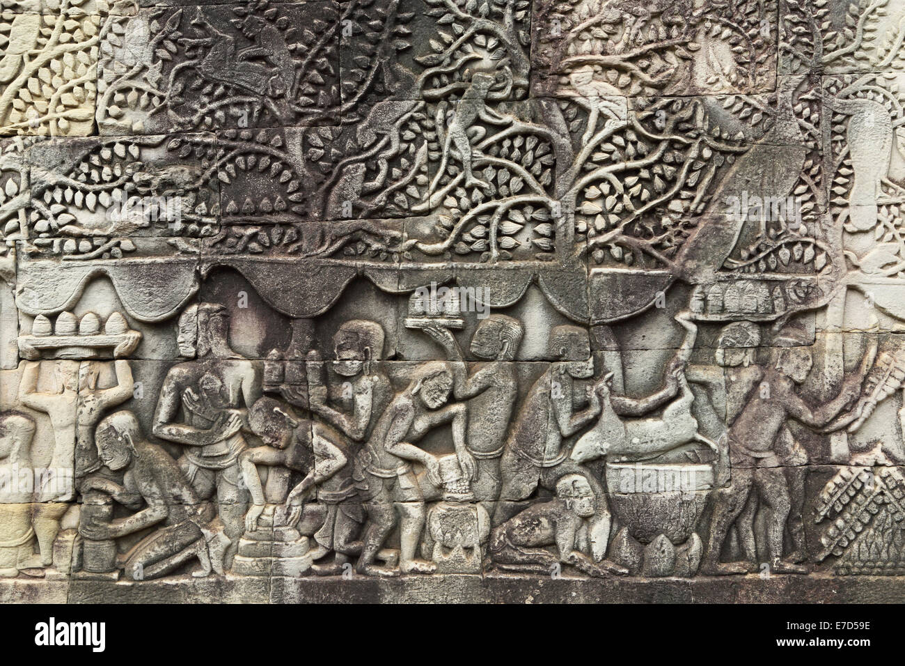 Bas Relief Panel auf der Bayon-Tempel, Teil von Angkor Wat in Siem Reap, Kambodscha. Stockfoto