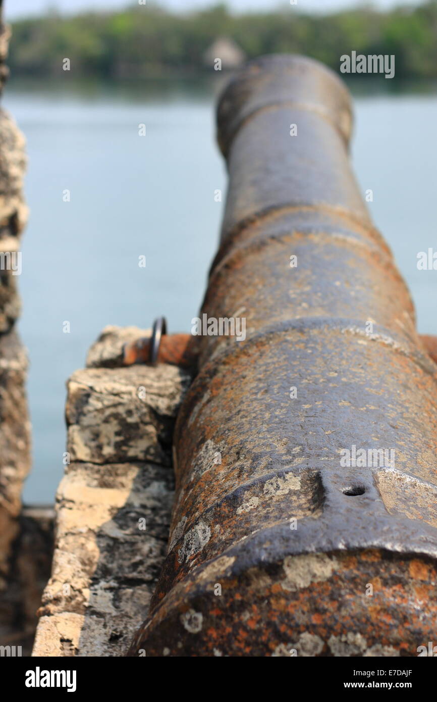 Kanone, Blick über das Wasser des Lake Izabal vom Castillo De San Felipe, eine ehemalige Festung aus der spanischen Kolonialzeit in Guatemala. Stockfoto