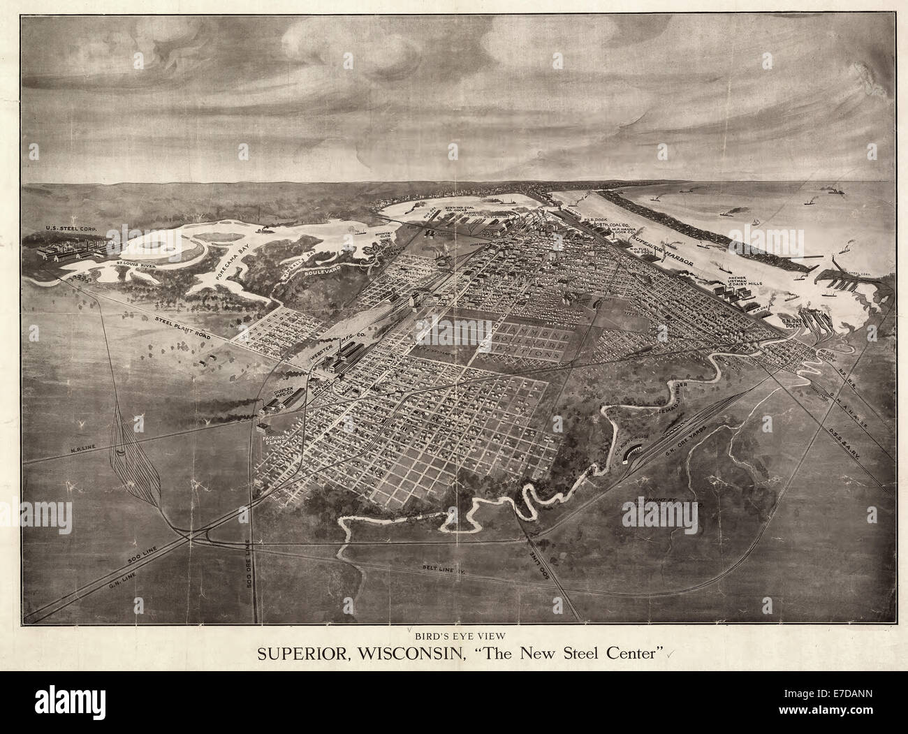 Der Vogelperspektive Superior, Wisconsin "Der neue Stahl Center."  1913 Stockfoto