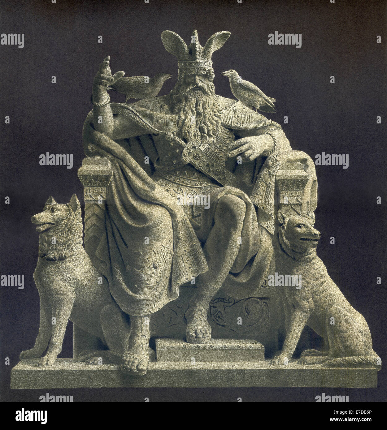 Auf Odins Schulter sind zwei Raben, Hugin und Munin. Zu seiner rechten und linken sind die zwei Wölfe, Geri und Freki. Stockfoto