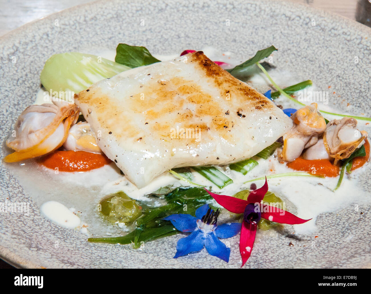 Brighton, UK. 14. Sep, 2014. Küchenchef Jimmy Grey [Jeremys Restaurant] und Produzent Sarah Thompson [Blackdown Geister] zusammen auf einen Teller, wie sechs Sussex Spitzenköche jede mit einem lokalen Produzenten in einer kulinarischen Tour De Force Zusammenarbeit, neue Gerichte für Gäste während Brighton & Hove Food and Drink Festival Lebensmittellabor Event bei 64 Grad zu erstellen. Bildnachweis: Julia Claxton/Alamy Live-Nachrichten Stockfoto