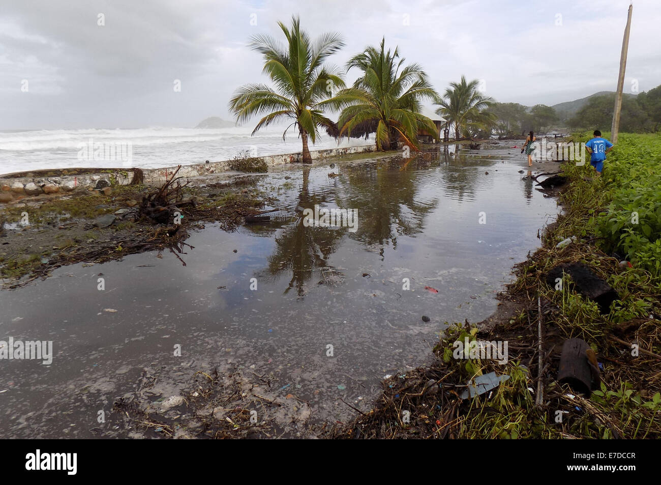 Guerrero, Mexiko. 14. Sep, 2014. Die Menschen sehen die starken Wellen, verursacht durch den Hurrikan "Odile" in der Stadt Tecpan de Galeana, Region Costa Grande, im Bundesstaat Guerrero, Mexiko, am 14. September 2014. Hurrikan Odile am Sonntag intensiviert bis Kategorie 4 auf der Saffir-Simpson-Skala und bewegte sich schnell in Richtung der Halbinsel Baja California im Nordwesten Mexikos, warnte das Land National Meteorological Service (SMN). Bildnachweis: Edgar de Jesus Espinoza/Xinhua/Alamy Live News Stockfoto