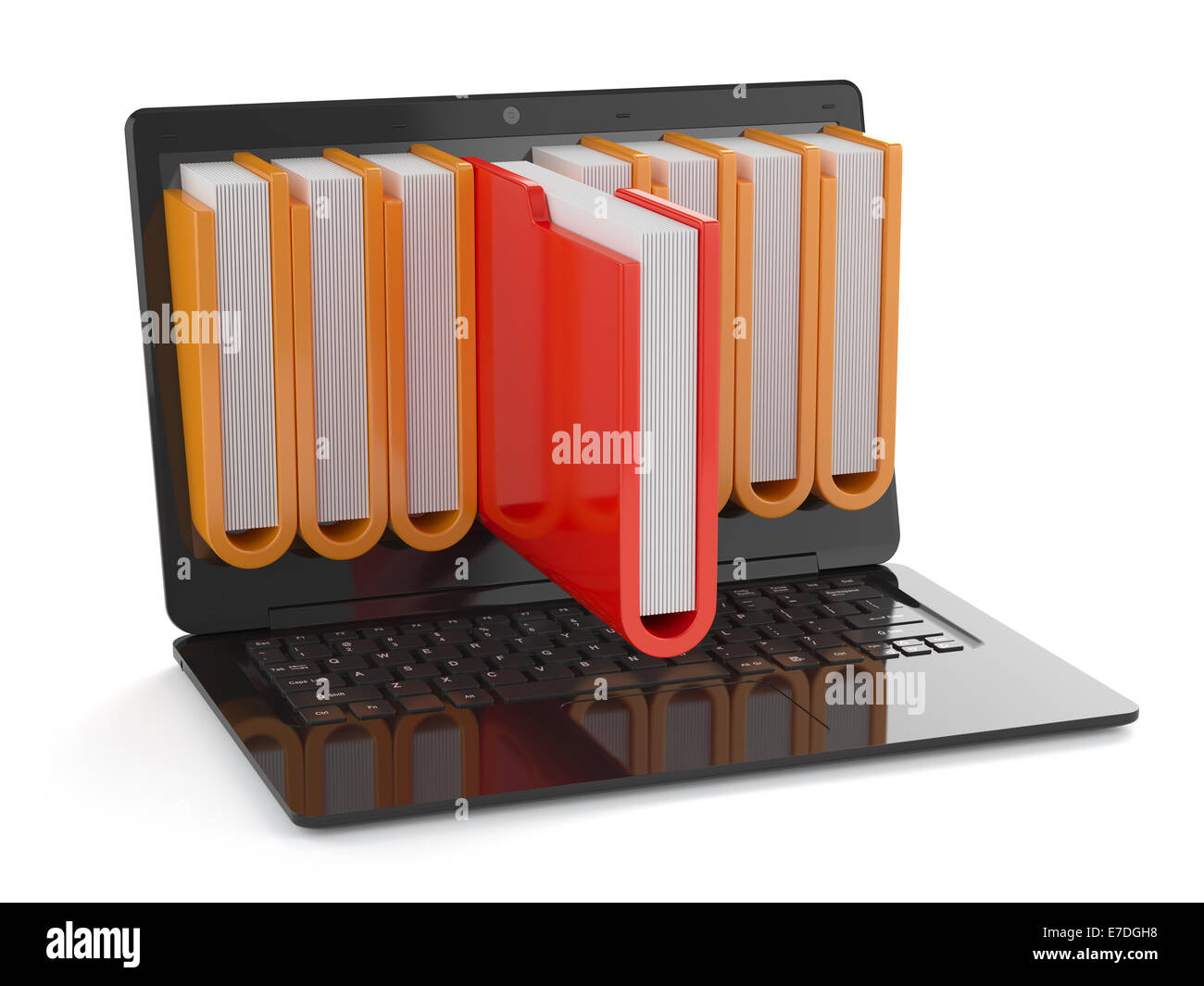 3D Render schwarzer Laptop mit Ordnern in Bildschirm. Stauraum-Konzept Stockfoto