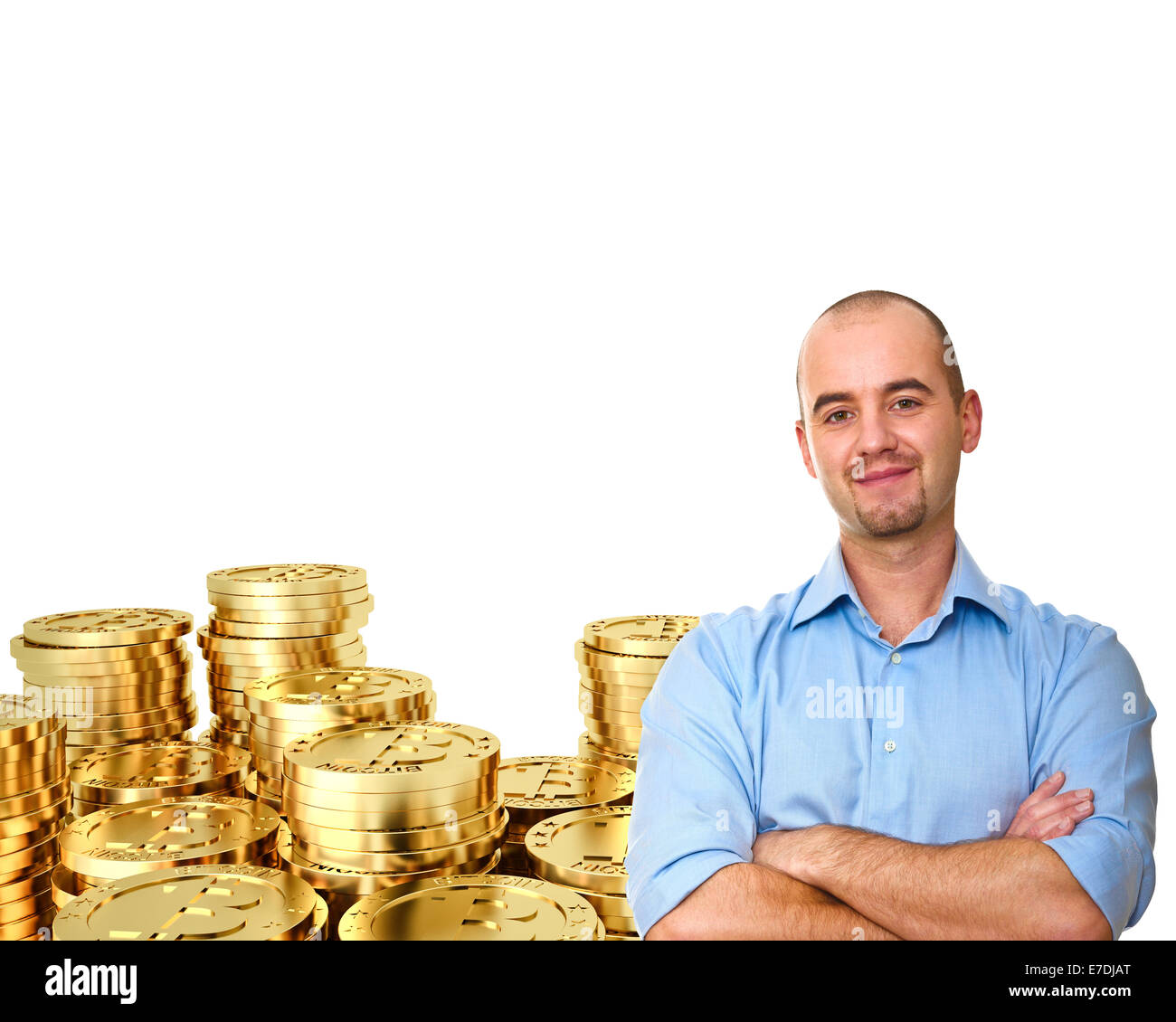 3D golden Bitcoin und zuversichtlich Mann Stockfoto