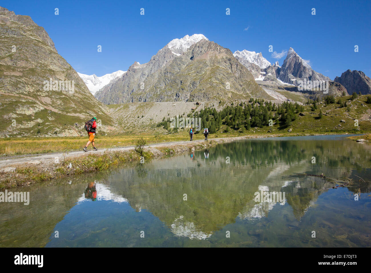 Seitenmoräne auf der Seite der schnell sich zurückziehenden Gletscher de Miage unten Mont Blanc, Italien, mit Wanderer tun die Tour du Mont-Blanc. Stockfoto Seitenmoräne auf der Seite der schnell sich zurückziehenden Gletscher de Miage unten Mont Blanc, Italien, mit Wanderer tun die Tour du Mont-Blanc. Stockfoto