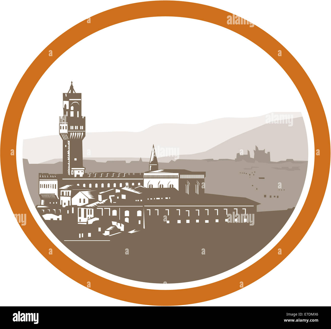 Abbildung der Turm des Palazzo Vecchio in Florenz, Firenze, Italien aus der Ferne Satz innen Oval in Retro-Holzschnitt Stil getan. Stockfoto